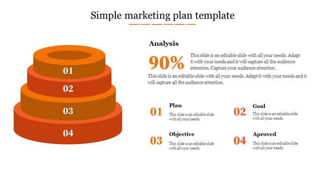 Illustration of a 3D shape with four circular steps, labeled with numbers for marketing plan details in orange.
