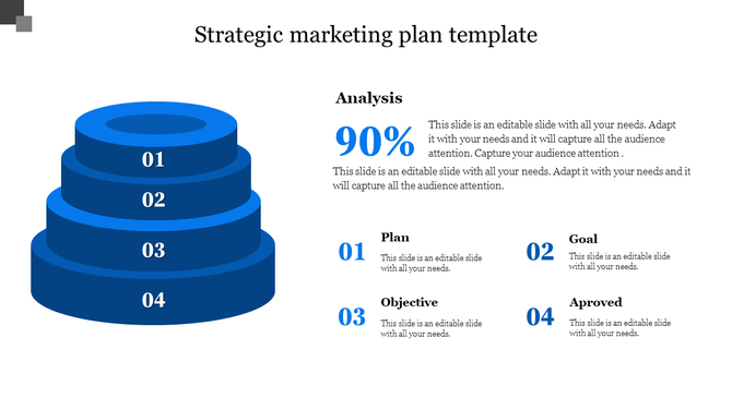 Marketing plan template showing a four-tier pyramid diagram with numerical labels and related captions areas.