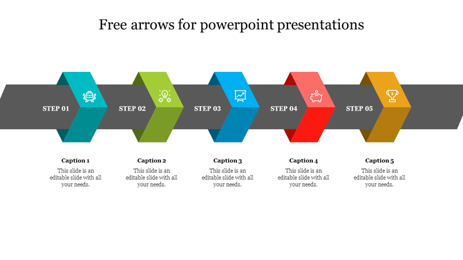 Process infographic with a dark horizontal bar and interwoven colored arrows labeled Step 01 to Step 05.