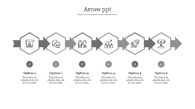 Six step template with gray arrows and icons in hexagonal shapes, each representing numbered captions below.
