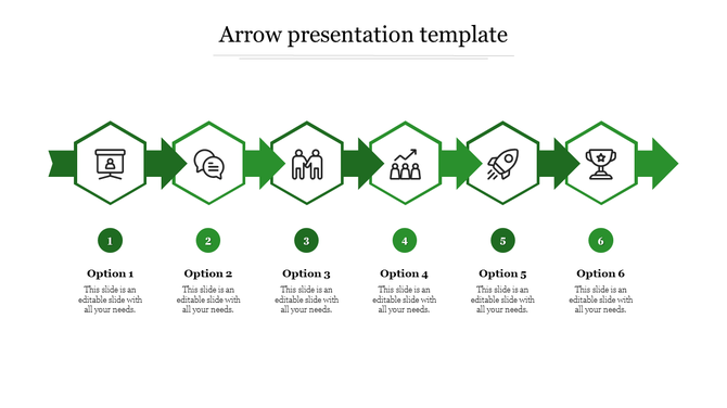 Green arrow presentation template with six hexagonal icons, representing different steps in a process with placeholder text.