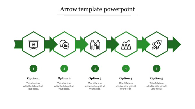 Slide with a green arrow guiding through five hexagons, each representing a step with icons, numbers, and text fields.