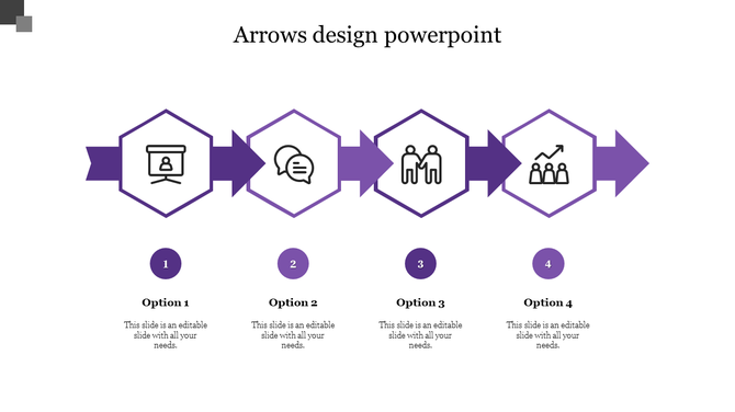 Purple arrow process flow slide with four hexagonal icons representing steps in a structured workflow with placeholder text.