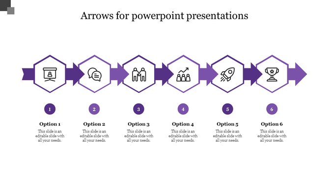 Purple Arrows PowerPoint template with six steps, each represented by a unique icon with placeholder text.
