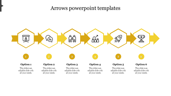 Yellow arrow flowchart with six hexagonal icons, showing steps with numbered captions below.