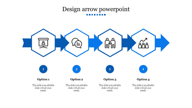Blue arrow process flow with four hexagons showing icons and blue numbered circles labeled Option 1 to Option 4 underneath.