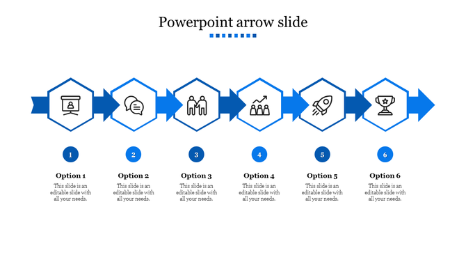 Six step blue arrow process flow with icons, numbered blue circles from 1 to 6 below, each labeled Option 1 to Option 6.