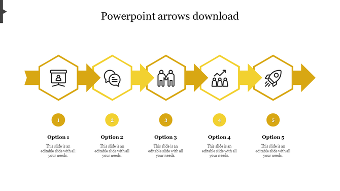 Flow diagram with five yellow hexagonal markers, connected by arrows, featuring business icons and numbered captions.