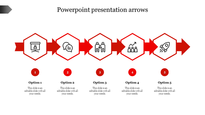 Red arrow timeline with five hexagonal shapes, each featuring a line icon and a red circle caption labeled with options.