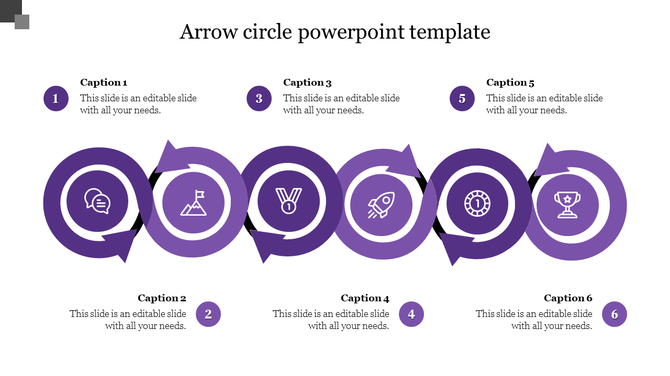Purple circular arrows PPT slide forming a workflow diagram with milestone icons and captions.