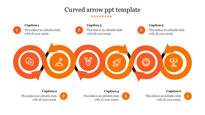 Six-step curved arrow infographic with icons for chat, goal, medal, rocket, coin, and trophy, arranged in a sequence.