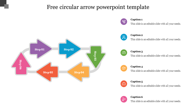 Circular process diagram with arrows in different colors and six caption areas with icons.