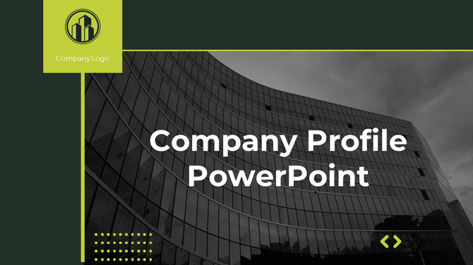 Company Profile PowerPoint slide with a modern building background and logo.
