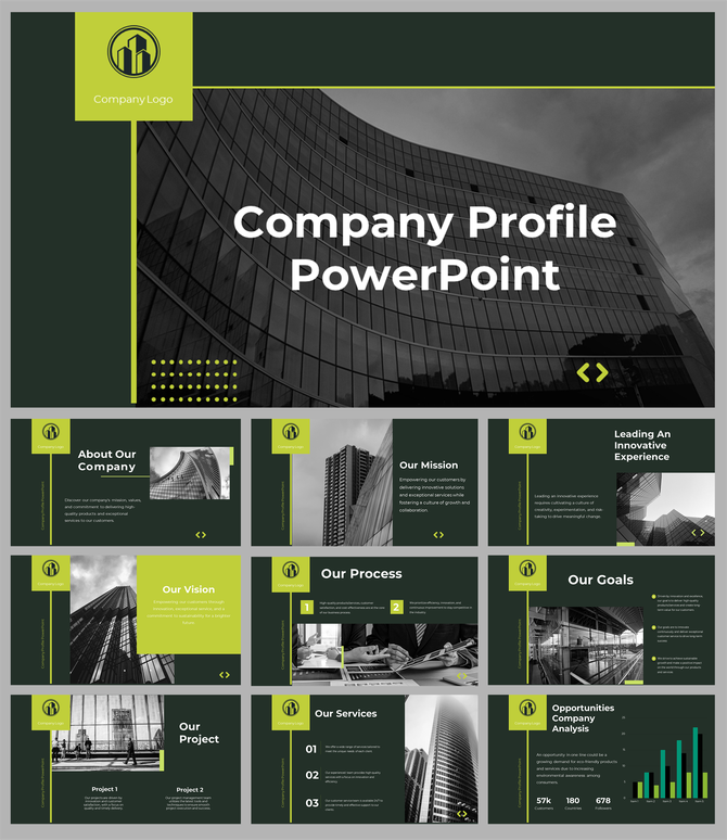 Modern company profile PowerPoint slides with a sleek black and green design cover many topics.