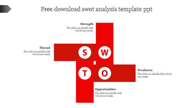 SWOT template with four red rectangular sections arranged in a cross, each with a circular icon and connecting lines.