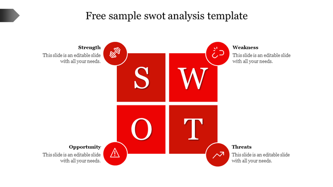 Red square SWOT analysis PPT slide with labeled sections for strengths, weaknesses, opportunities, and threats with icons.