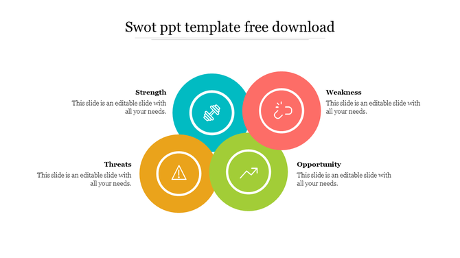 SWOT analysis infographic with four vibrant circles in blue, red, green, and yellow, arranged in an overlapping pattern.