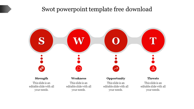 SWOT graphic featuring a horizontal layout with bold red circles and icons linked to placeholder text areas.