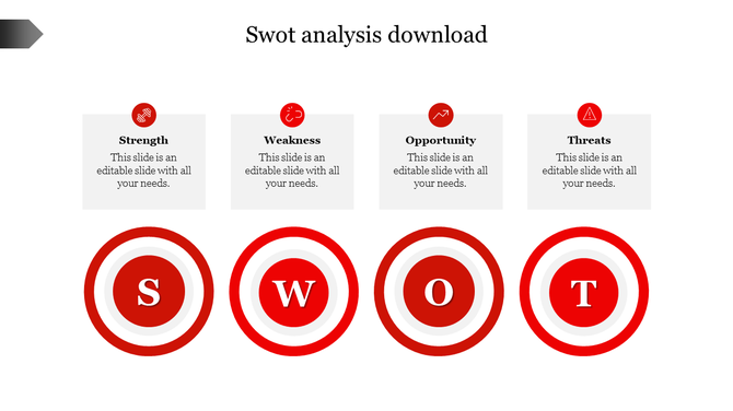 Four segment SWOT analysis with red icons and circular S, W, O, T symbols below each white box caption on a white background.
