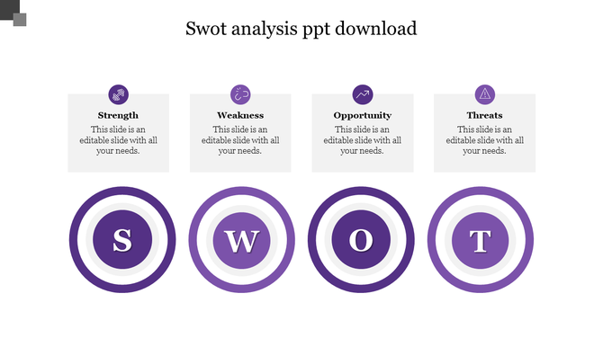 SWOT analysis layout with four purple icons above white boxes and circular S, W, O, T graphics on a light background.