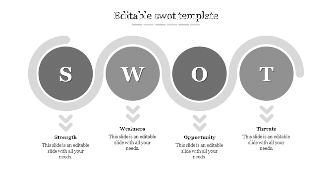 Minimalist SWOT analysis PowerPoint template with grey circular design elements and labeled sections with placeholder text.