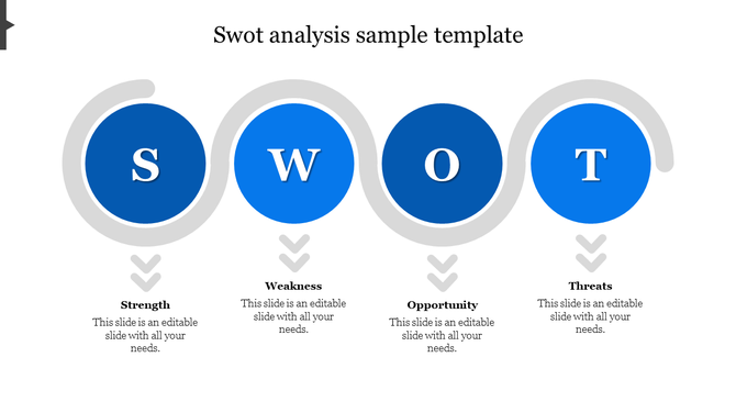 Minimalist SWOT analysis PowerPoint template with blue circular design elements and labeled sections with placeholder text.
