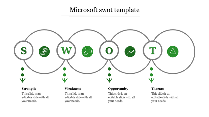 Microsoft SWOT analysis PowerPoint template with interconnected circular elements and green icons for each category.