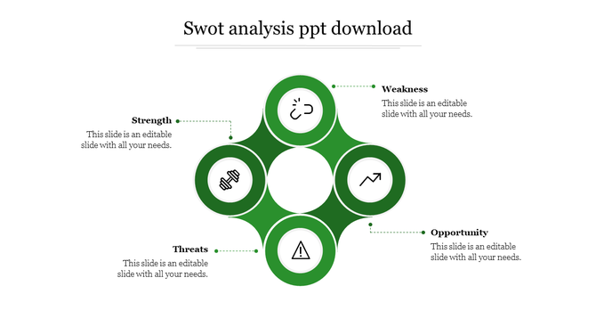 Green themed SWOT analysis slide featuring circular icons for each category and connecting dotted lines.