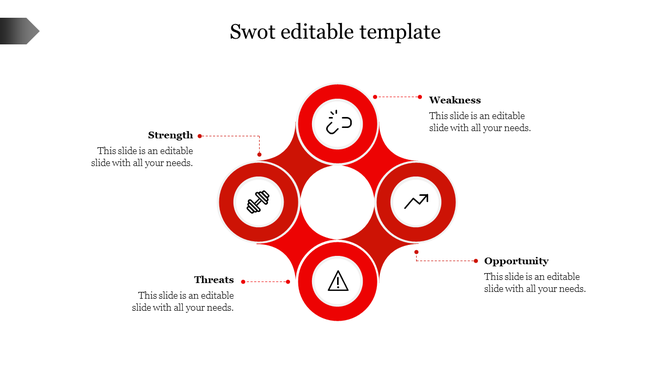 Microsoft PowerPoint SWOT analysis template with a modern circular design and red icons interconnected elements.