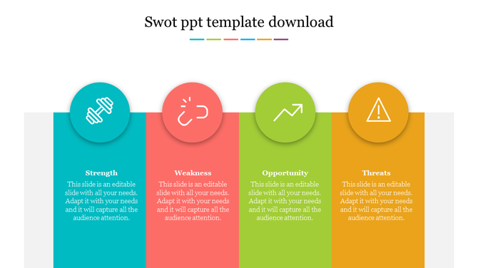 SWOT slide with four vertical colored blocks in blue, red, green, and yellow, labeled with icons and descriptions.