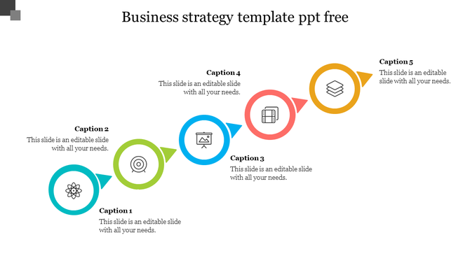 Business strategy infographic with icons and right-facing arrows in blue, green, red, and yellow, connected to text captions.