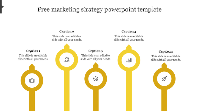 Marketing strategy infographic PPT slide with five vertical elements, yellow icons, and captions on a white backdrop.