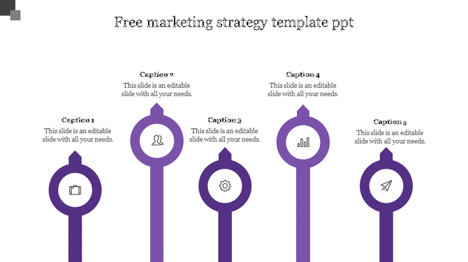 Marketing strategy layout with five upright purple markers, each with a white icon and caption text placed above and below.
