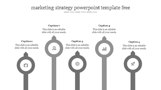 Five gray vertical arrows with circular icons, illustrating phases of a business marketing strategy.