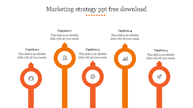 Five orange pointers in a row with icons, representing steps in a marketing strategy process.