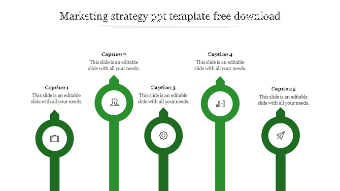 Marketing strategy infographic PPT slide with five vertical elements, green icons, and captions on a white backdrop.
