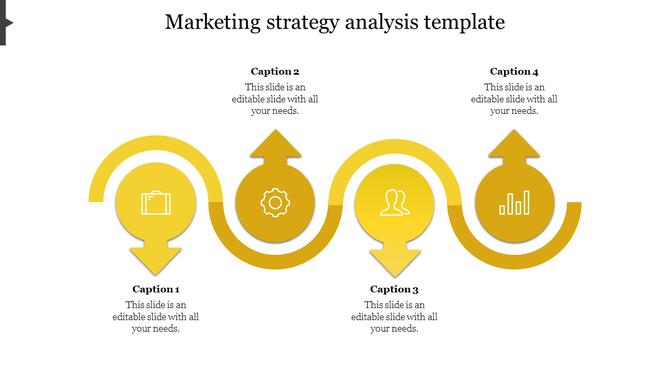 Curved layout of four yellow circular arrows with icons, showing a continuous flow in a marketing strategy template.