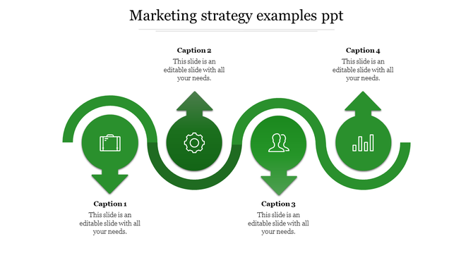 Marketing strategy slide with green flow arrow looping through four icons suitcase, and growth chart.