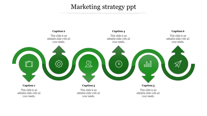 Green curved arrow infographic slide showing six steps in a marketing strategy plan with icons and captions.