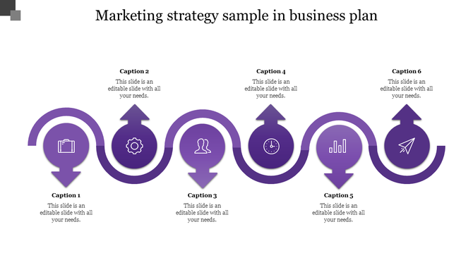 Purple curved arrow infographic PPT slide showing six steps in a marketing strategy plan with icons and captions.