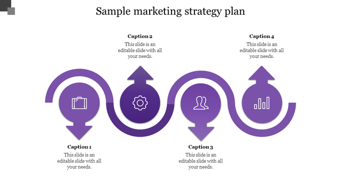 Curved purple arrow for marketing strategy path showing four stages with icons, connected to captions labeled 1 to 4.