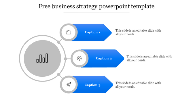 Business strategy template with central gray circle and three blue arrows pointing right, each with icons and captions.