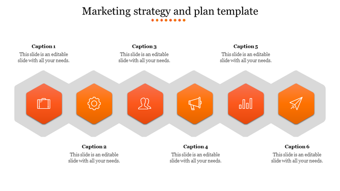 Marketing strategy slide with six orange showing icons like briefcase, gear, people, megaphone, bar chart, and paper plane.