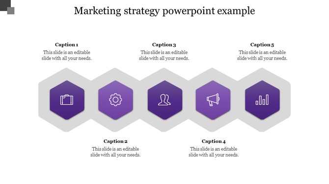 Purple and gray business strategy template with five hexagonal icons, each with an icon and captions on both sides.