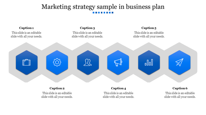 PowerPoint slide displaying a structured marketing strategy workflow in blue hexagonal shapes with icons and captions.