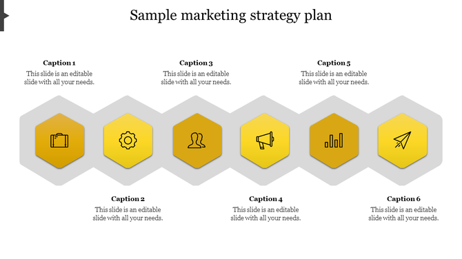Marketing strategy slide with six yellow hexagons showing icons for briefcase, gear, user, megaphone, chart, and paper plane.