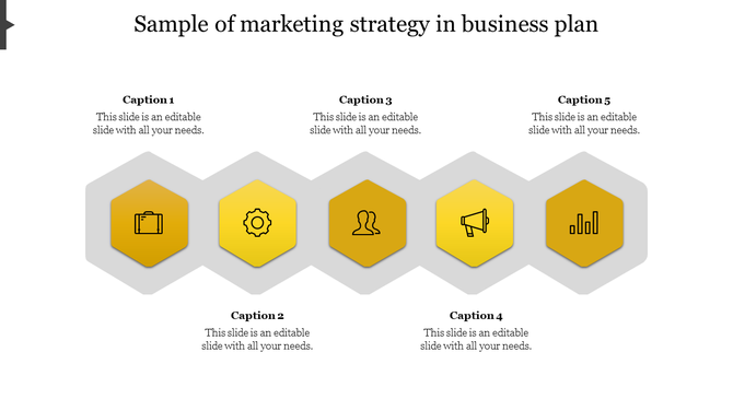 Five hexagons in gray and yellow connected in a horizontal row, each containing an icon and captions.