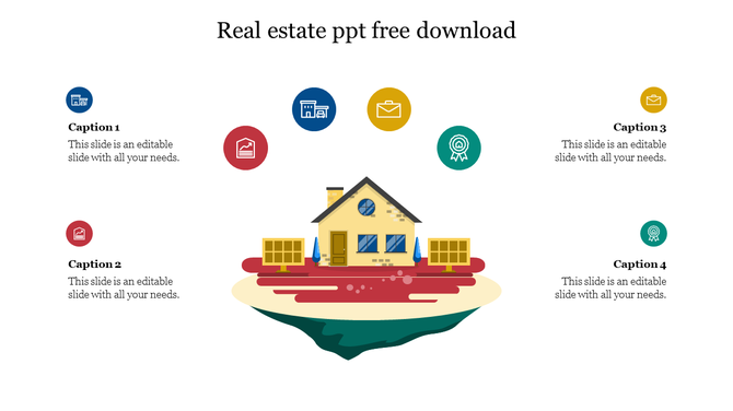 Illustration of a house on floating land with six icons representing real estate concepts, arranged around it with captions.