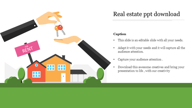 Real estate PowerPoint slide featuring a house for rent, key exchange illustration, and text section.