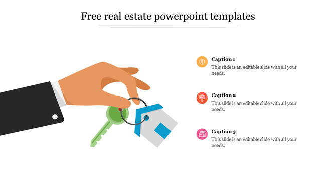 Illustration of a hand handing over keys with a house icon, paired with three captions for real estate presentation content.